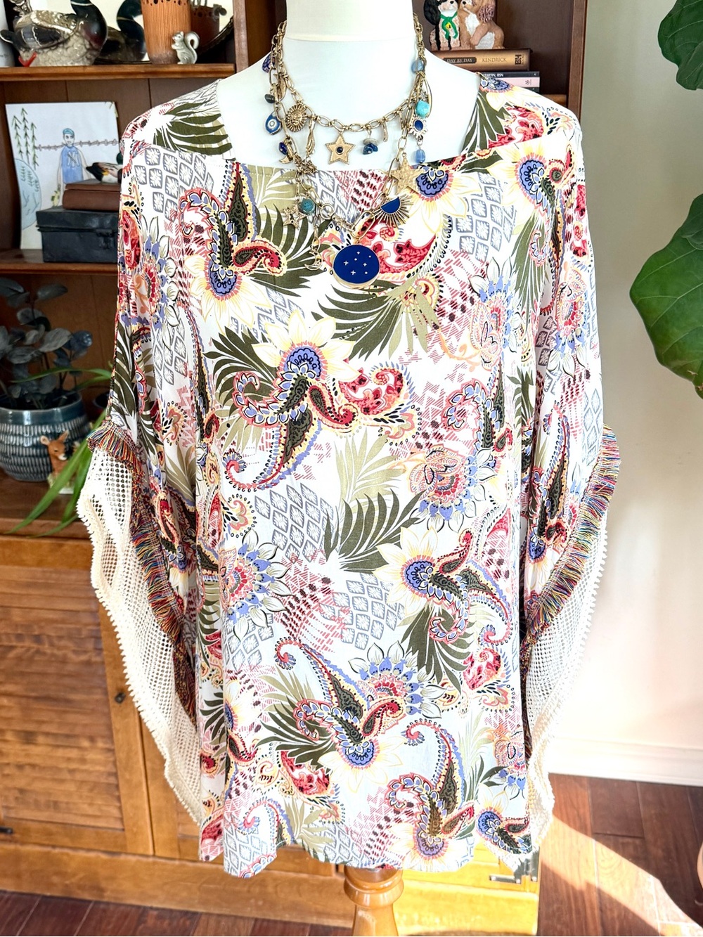 Chico’s Boho Printed Fringe Poncho Top - White / Multicolor S/M